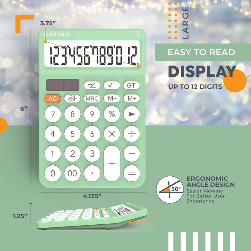 CATIGA 12 Digit Desktop Calculator Basic Desk Calculator with Large LCD Display, Big Buttons, 4 Function, Solar and Battery Dual Power, for Office, School, Home, SD-1292 Mint - Image 4